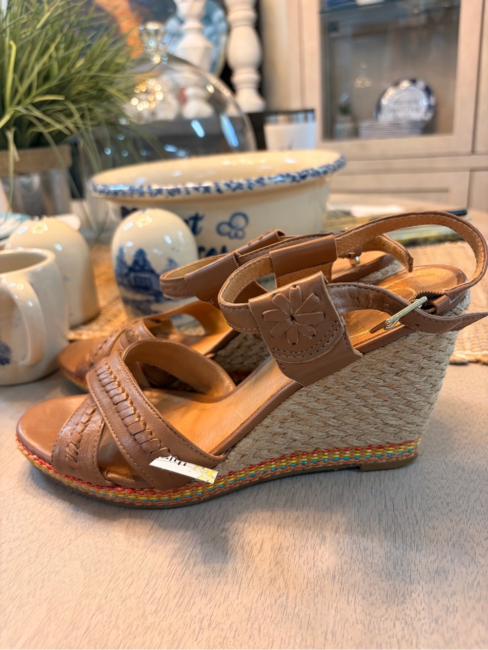 Jack Rogers Tan Braided Espadrille Wedge Sandals with Colorful Trim